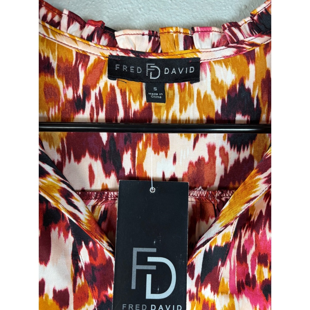 Fred David Women's Small Abstract Print‎ Long Sleeve V Neck Tie Neck Blouse NWT - Picture 3 of 7